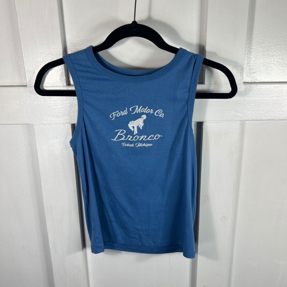 Ford Bronco Detroit Michigan Graphic Tank Top Blue Hybrid Apparel Small